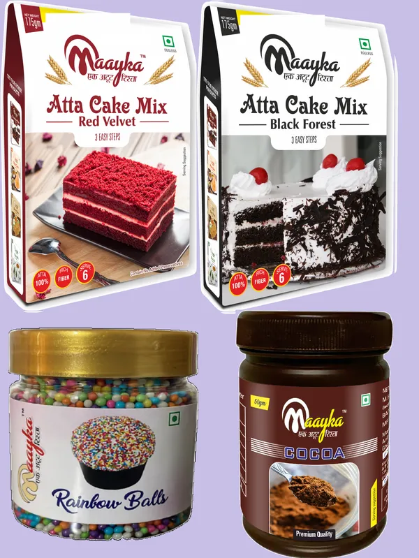 Pack_Of_4_Maayka|_Atta_|_Premium_|_Red_Velvet_&_Black_Forest_Cake_Mix_&_Cocoa_Powder_&_Red_Balls