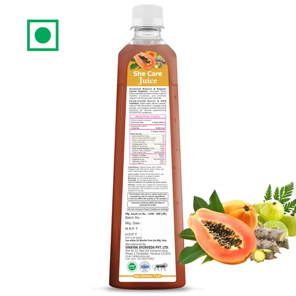 Srishma_She_Care_Juice_|Supports_Hormonal_Balance_&_Healthy_Cycle__|Enhances_Energy_–_Helps_in_Conceive_|_PCOS,_PCOD,_Period_Pain_Relief_|Papaya,_Daru_Haldi,_Bel_Ka_Fal_,_Ashok_Chaal,_Amla,_Giloy_&_Other_Herbs_|_100%_Natural_I_No_Added_Sugar_I_1L
