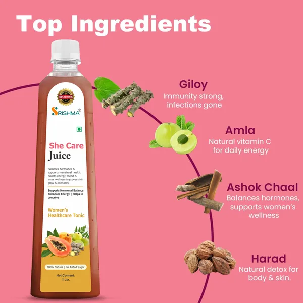 Srishma_She_Care_Juice_|Supports_Hormonal_Balance_&_Healthy_Cycle__|Enhances_Energy_–_Helps_in_Conceive_|_PCOS,_PCOD,_Period_Pain_Relief_|Papaya,_Daru_Haldi,_Bel_Ka_Fal_,_Ashok_Chaal,_Amla,_Giloy_&_Other_Herbs_|_100%_Natural_I_No_Added_Sugar_I_1L