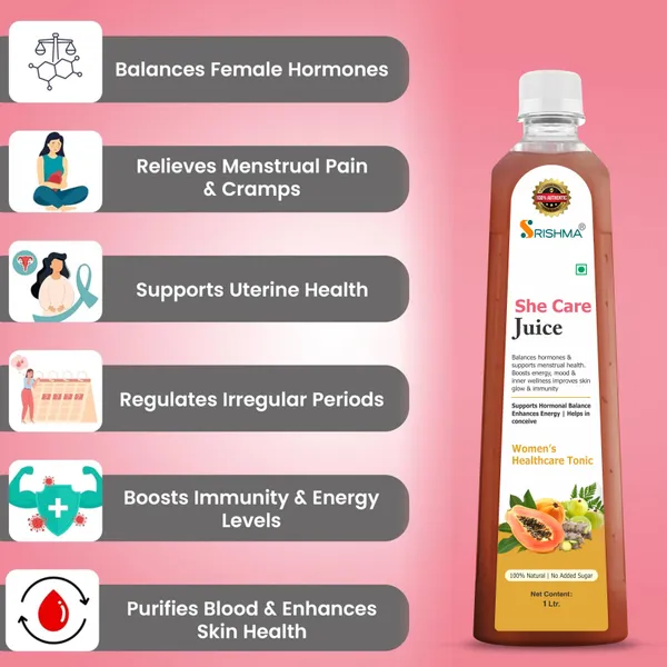 Srishma_She_Care_Juice_|Supports_Hormonal_Balance_&_Healthy_Cycle__|Enhances_Energy_–_Helps_in_Conceive_|_PCOS,_PCOD,_Period_Pain_Relief_|Papaya,_Daru_Haldi,_Bel_Ka_Fal_,_Ashok_Chaal,_Amla,_Giloy_&_Other_Herbs_|_100%_Natural_I_No_Added_Sugar_I_1L