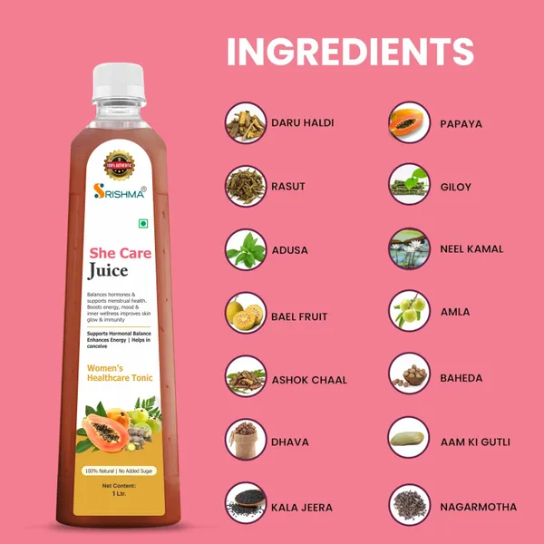 Srishma_She_Care_Juice_|Supports_Hormonal_Balance_&_Healthy_Cycle__|Enhances_Energy_–_Helps_in_Conceive_|_PCOS,_PCOD,_Period_Pain_Relief_|Papaya,_Daru_Haldi,_Bel_Ka_Fal_,_Ashok_Chaal,_Amla,_Giloy_&_Other_Herbs_|_100%_Natural_I_No_Added_Sugar_I_1L