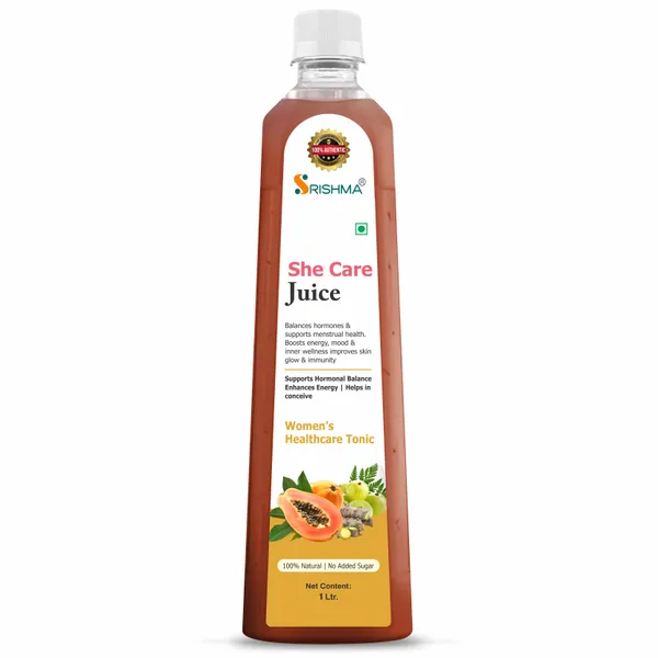 Srishma_She_Care_Juice_|Supports_Hormonal_Balance_&_Healthy_Cycle__|Enhances_Energy_–_Helps_in_Conceive_|_PCOS,_PCOD,_Period_Pain_Relief_|Papaya,_Daru_Haldi,_Bel_Ka_Fal_,_Ashok_Chaal,_Amla,_Giloy_&_Other_Herbs_|_100%_Natural_I_No_Added_Sugar_I_1L