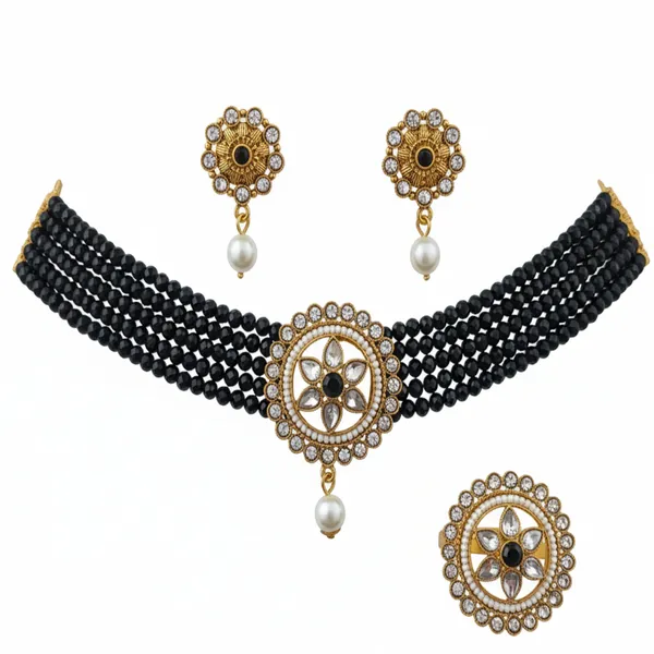GOLD_PLATED_MULTISTRING_BLACK_NECKLACE_WITH_FINGER_RING