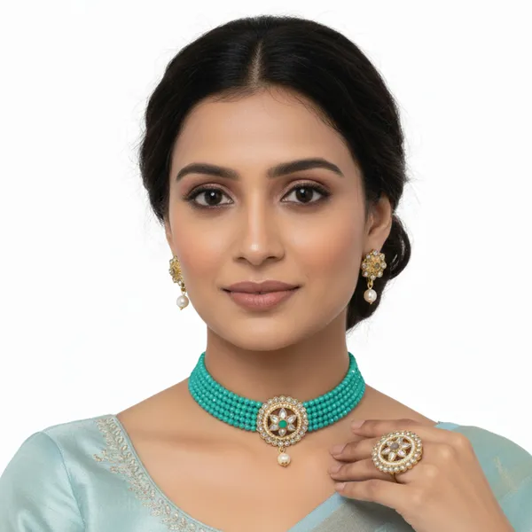 GOLD_PLATED_MULTISTRING_GREEN_NECKLACE_WITH_FINGER_RING