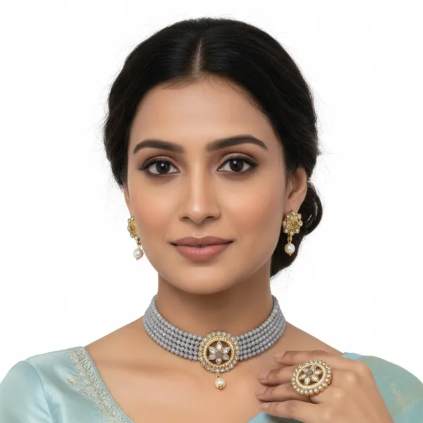 GOLD_PLATED_MULTISTRING_GREY_NECKLACE_WITH_FINGER_RING