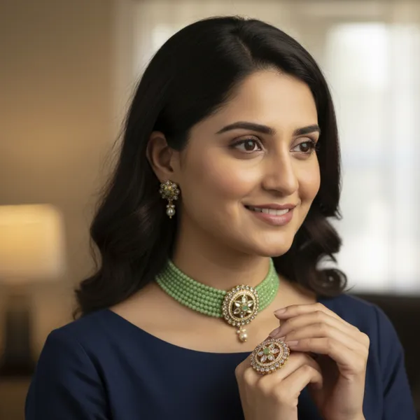 GOLD_PLATED_MULTISTRING_GEEN_NECKLACE_WITH_FINGER_RING