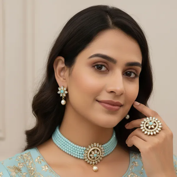 GOLD_PLATED_MULTISTRING_SKYBLUE_NECKLACE_WITH_FINGER_RING