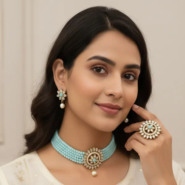 GOLD_PLATED_MULTISTRING_SKYBLUE_NECKLACE_WITH_FINGER_RING