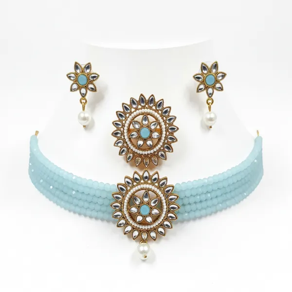 GOLD_PLATED_MULTISTRING_SKYBLUE_NECKLACE_WITH_FINGER_RING