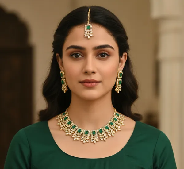 Green_Alloy_Gold_Plated_Earring_&_Necklace_Set_For_Women
