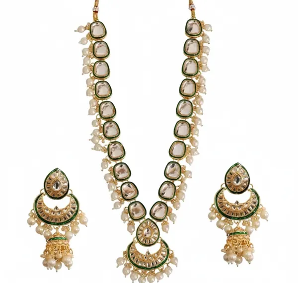 KHETLAZEEGreen_Meenakari_Kundan_Bridal_Long_Dazzling_Necklace_Earring_Maangtikka_Set_For_Women