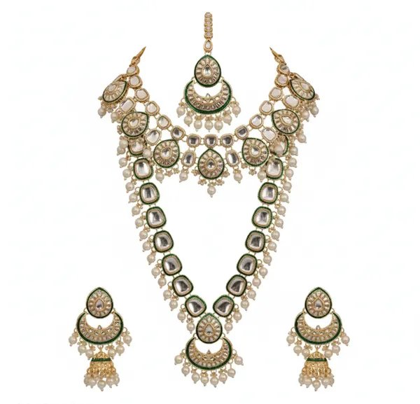 KHETLAZEEGreen_Meenakari_Kundan_Bridal_Long_Dazzling_Necklace_Earring_Maangtikka_Set_For_Women