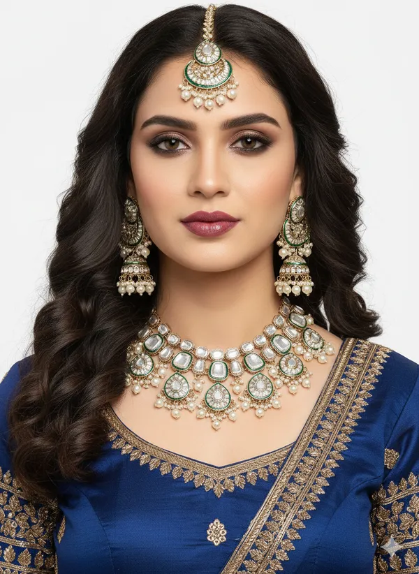 KHETLAZEE_Gold_Tone_Kundan_Artificial_Stones_&_Beads_Bridal_Necklace_Earring_&_Maangtikka_Set_For_Women