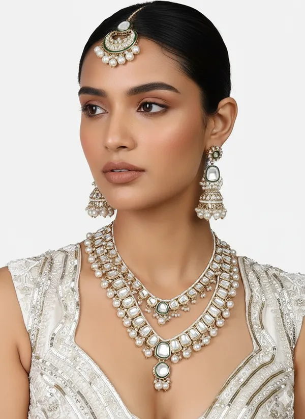 khetlazee_Traditional_Kundan_Pearl_Bridal_Jewellery_Set_with_Green_Meenakari,_Layered_Necklace,_Earrings,_Maangtikka_for_Women