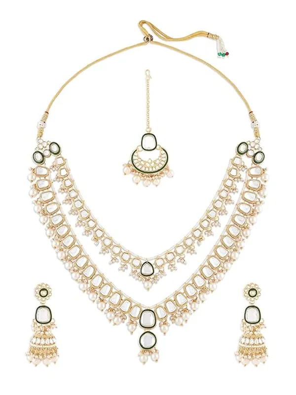 khetlazee_Traditional_Kundan_Pearl_Bridal_Jewellery_Set_with_Green_Meenakari,_Layered_Necklace,_Earrings,_Maangtikka_for_Women