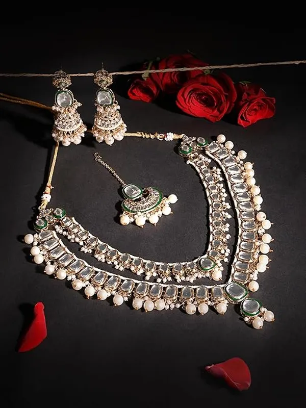 khetlazee_Traditional_Kundan_Pearl_Bridal_Jewellery_Set_with_Green_Meenakari,_Layered_Necklace,_Earrings,_Maangtikka_for_Women