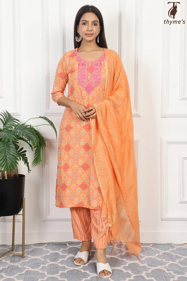 Light_Orange_Masline_Embroidery_Kurta_With_Dyed_Nazmi_Dupatta_For_Women