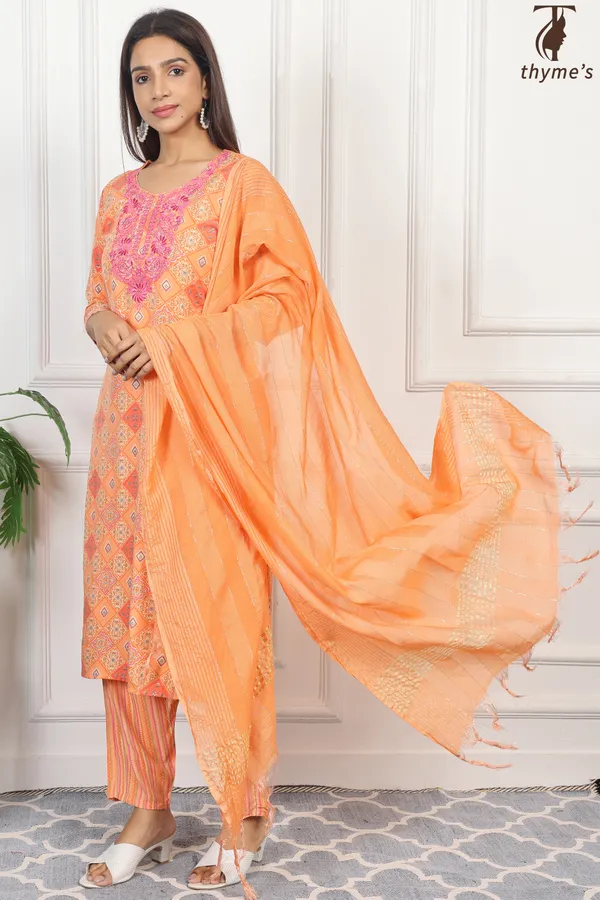 Light_Orange_Masline_Embroidery_Kurta_With_Dyed_Nazmi_Dupatta_For_Women
