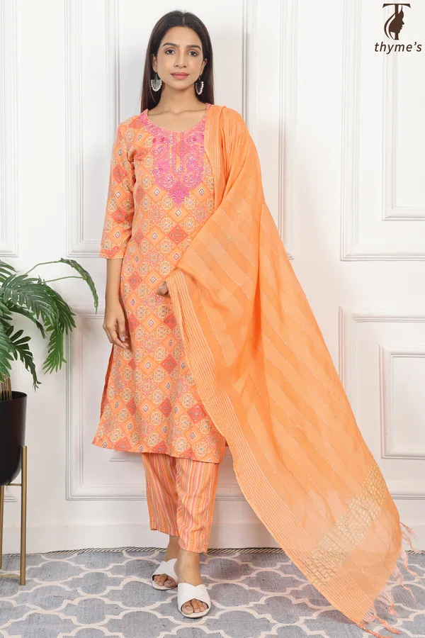 Light_Orange_Masline_Embroidery_Kurta_With_Dyed_Nazmi_Dupatta_For_Women