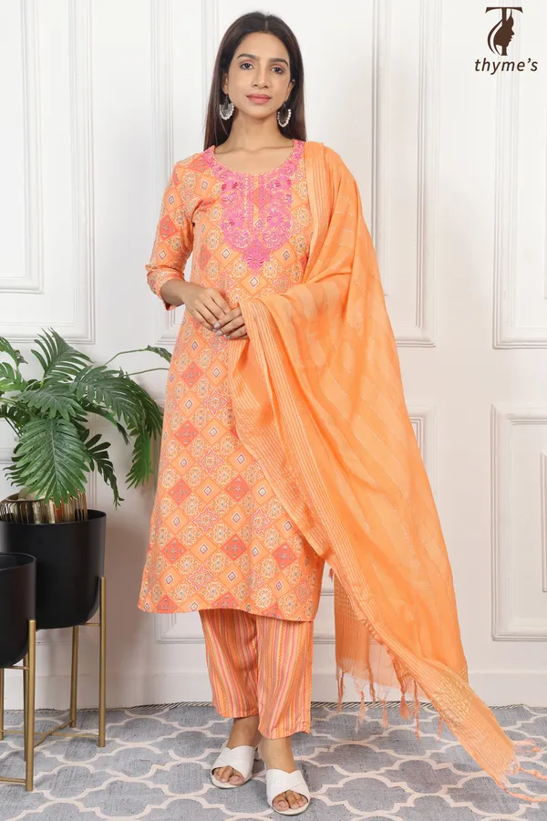 Light_Orange_Masline_Embroidery_Kurta_With_Dyed_Nazmi_Dupatta_For_Women