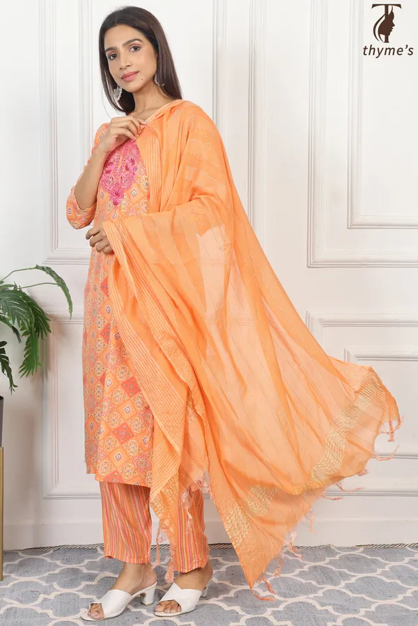 Light_Orange_Masline_Embroidery_Kurta_With_Dyed_Nazmi_Dupatta_For_Women