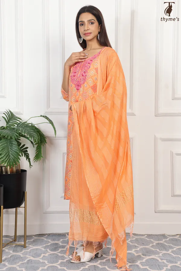 Light_Orange_Masline_Embroidery_Kurta_With_Dyed_Nazmi_Dupatta_For_Women