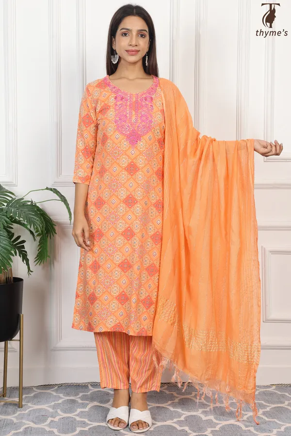 Light_Orange_Masline_Embroidery_Kurta_With_Dyed_Nazmi_Dupatta_For_Women