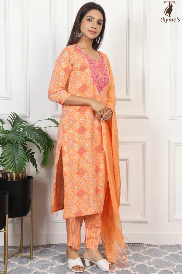 Light_Orange_Masline_Embroidery_Kurta_With_Dyed_Nazmi_Dupatta_For_Women