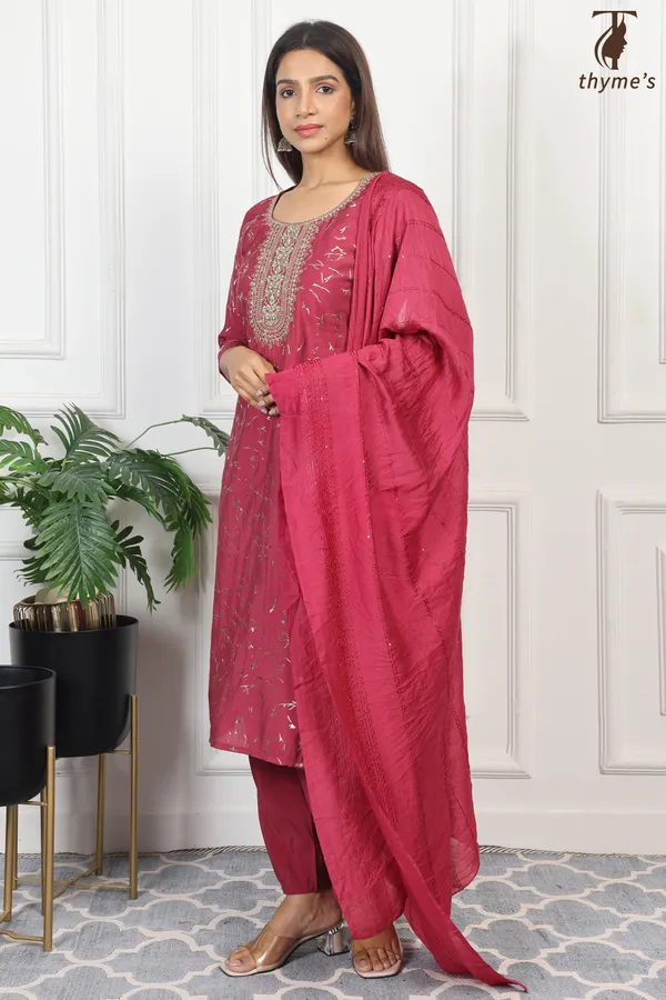 Maroon_Silk_Kurta_With_Embroidery_Dupatta_For_Women
