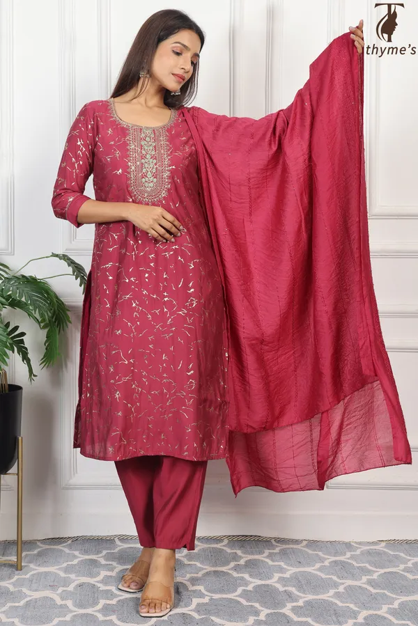 Maroon_Silk_Kurta_With_Embroidery_Dupatta_For_Women
