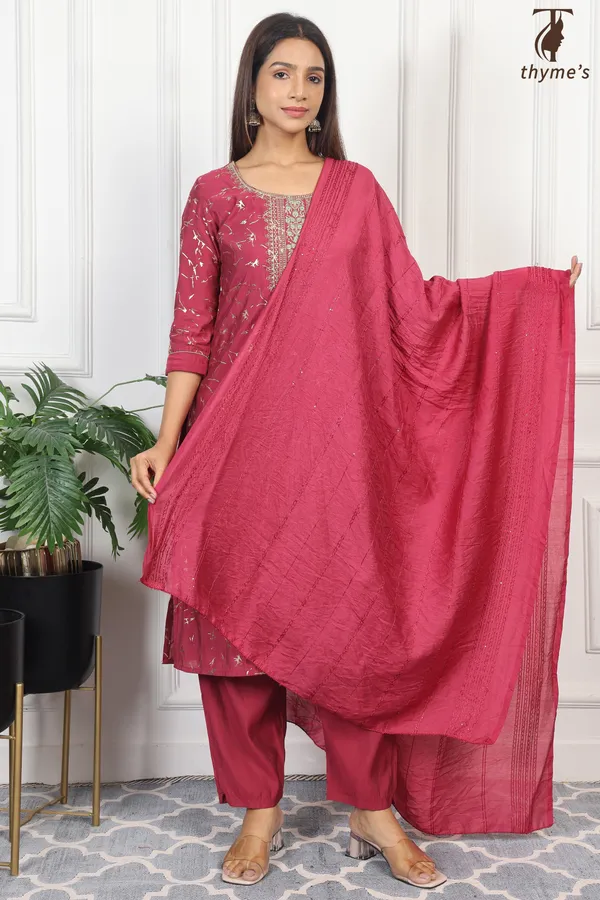 Maroon_Silk_Kurta_With_Embroidery_Dupatta_For_Women