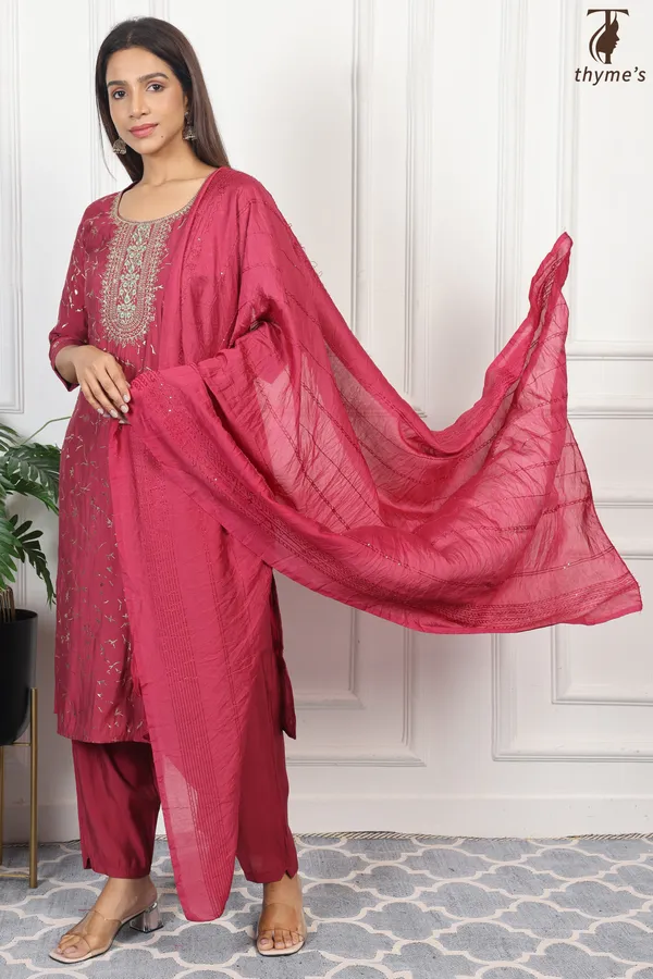 Maroon_Silk_Kurta_With_Embroidery_Dupatta_For_Women