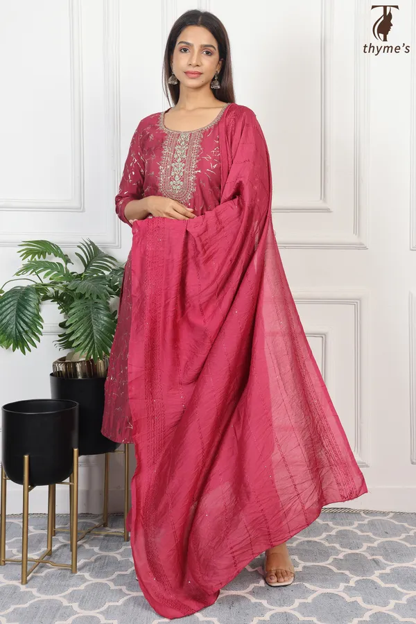 Maroon_Silk_Kurta_With_Embroidery_Dupatta_For_Women