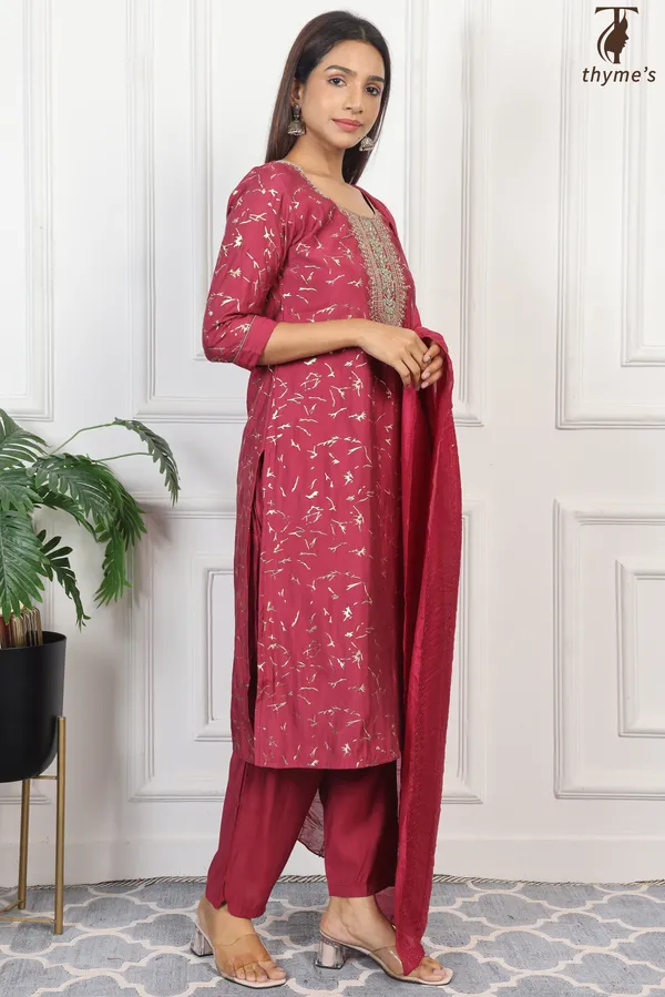 Maroon_Silk_Kurta_With_Embroidery_Dupatta_For_Women