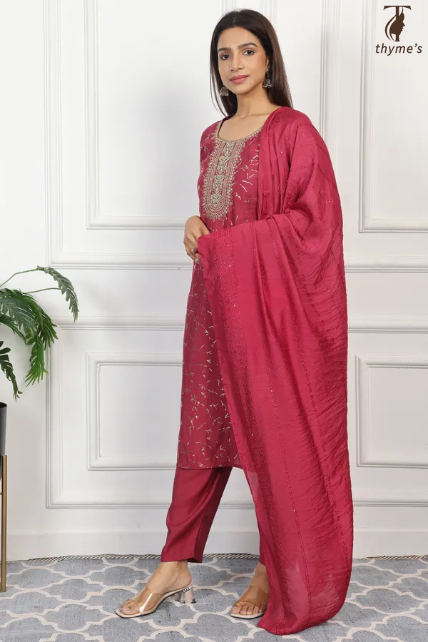 Maroon_Silk_Kurta_With_Embroidery_Dupatta_For_Women