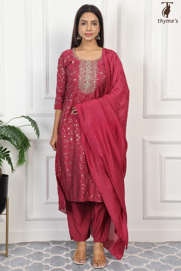 Maroon_Silk_Kurta_With_Embroidery_Dupatta_For_Women