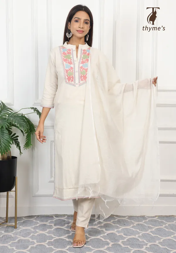 White_Embroided_Kurta_Bottom_Dupatta_Set_For_Women