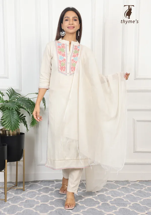 White_Embroided_Kurta_Bottom_Dupatta_Set_For_Women
