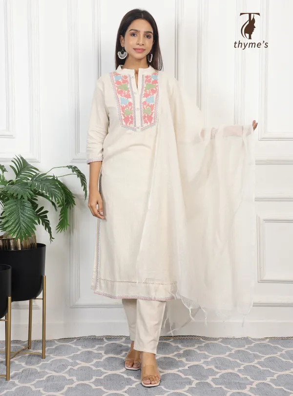 White_Embroided_Kurta_Bottom_Dupatta_Set_For_Women