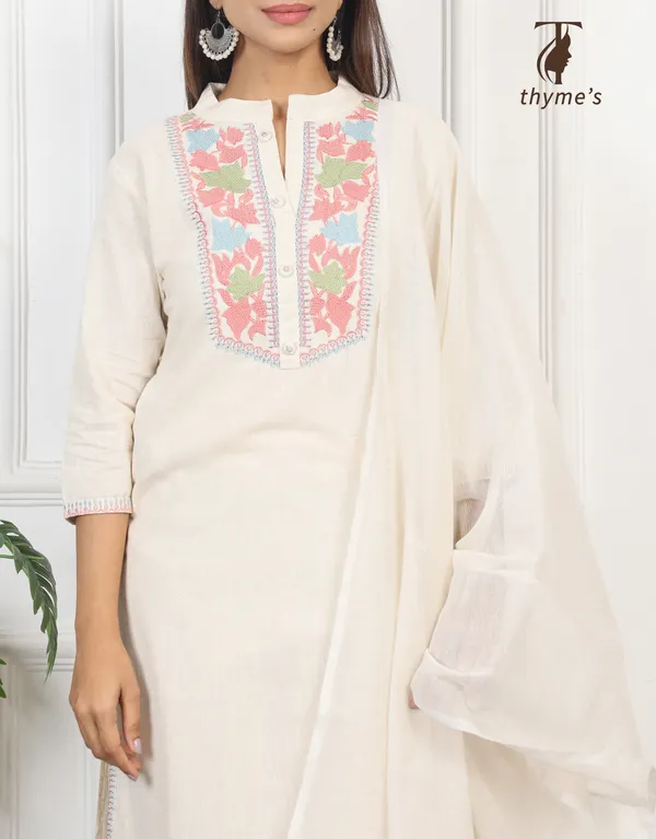 White_Embroided_Kurta_Bottom_Dupatta_Set_For_Women