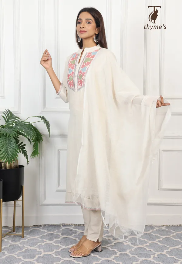 White_Embroided_Kurta_Bottom_Dupatta_Set_For_Women