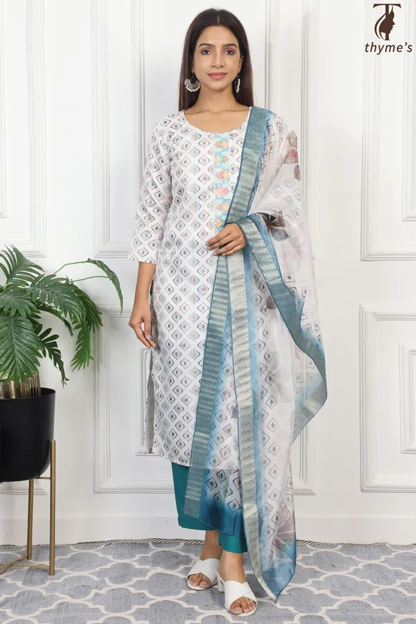 White_&_Blue_Kurta_Bottom_Dupatta_Set_For_Women