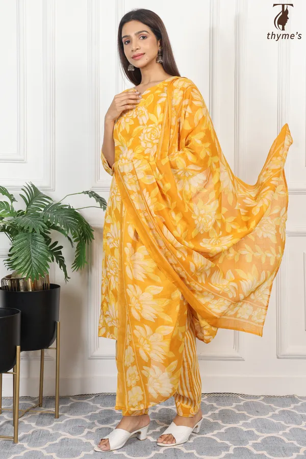 Yellow_Cotton_Printed_Kurta_Bottom_Dupatta_Set_For_Women