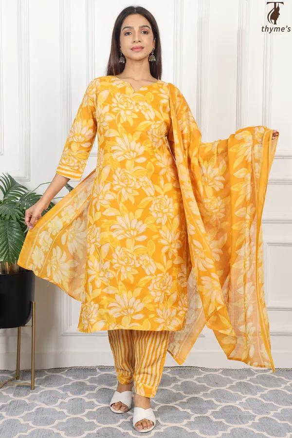 Yellow_Cotton_Printed_Kurta_Bottom_Dupatta_Set_For_Women