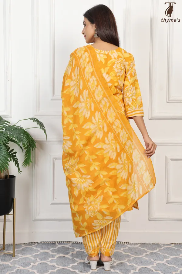 Yellow_Cotton_Printed_Kurta_Bottom_Dupatta_Set_For_Women