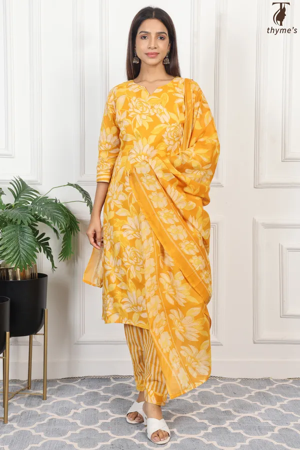Yellow_Cotton_Printed_Kurta_Bottom_Dupatta_Set_For_Women