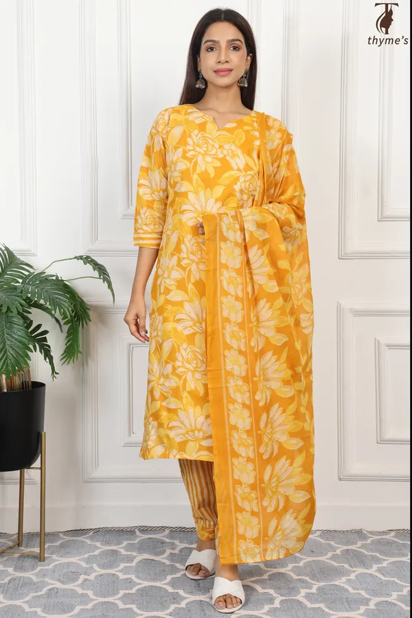 Yellow_Cotton_Printed_Kurta_Bottom_Dupatta_Set_For_Women