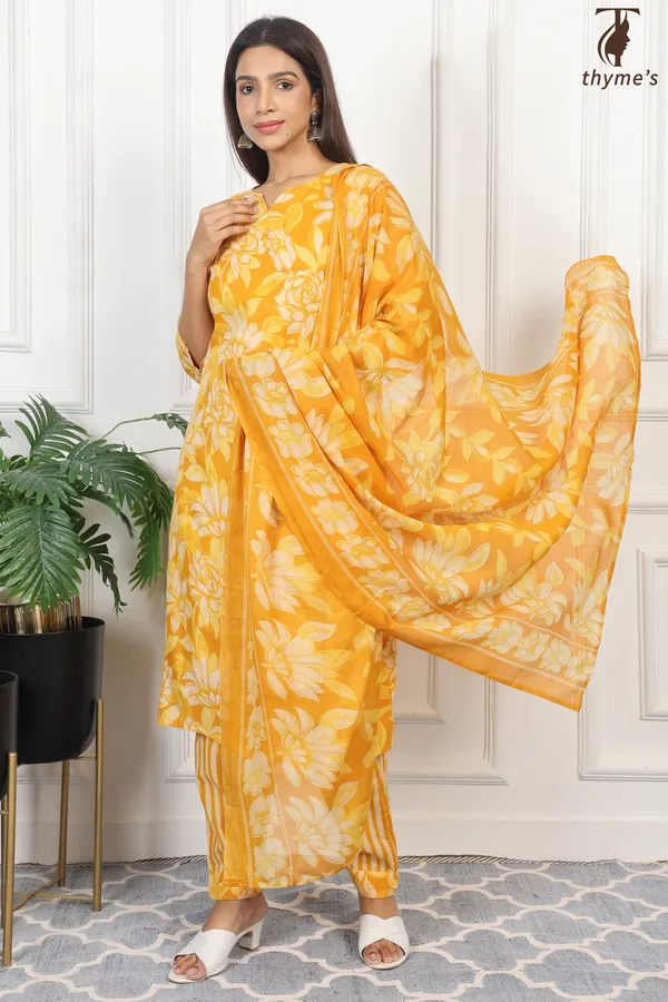 Yellow_Cotton_Printed_Kurta_Bottom_Dupatta_Set_For_Women