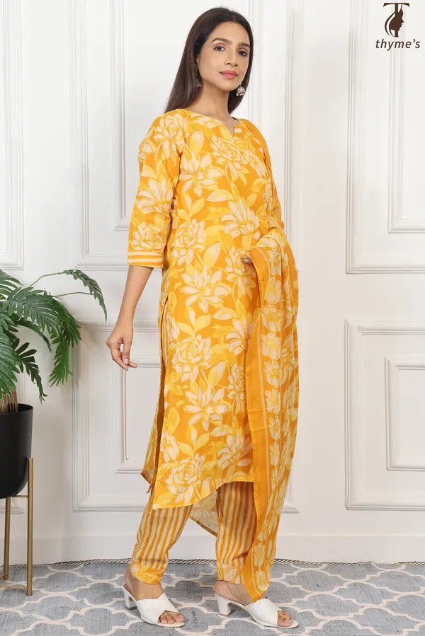 Yellow_Cotton_Printed_Kurta_Bottom_Dupatta_Set_For_Women