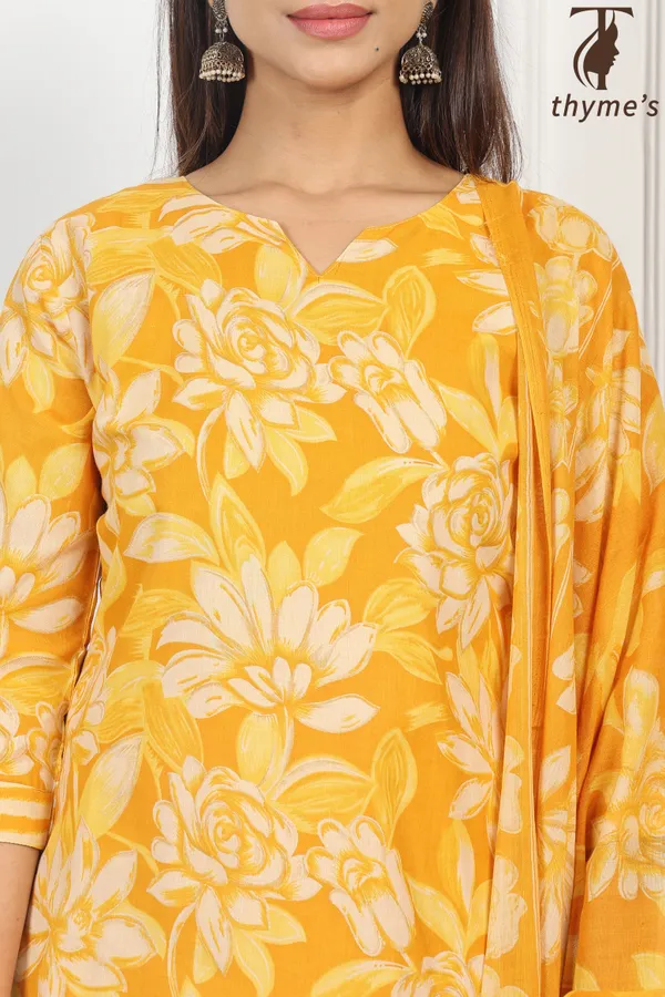 Yellow_Cotton_Printed_Kurta_Bottom_Dupatta_Set_For_Women